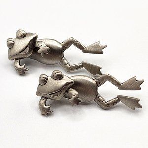 Vintage J.J. Jonette Jewelry Pewter 3D Frog Toad Two Piece Pierced Earrings